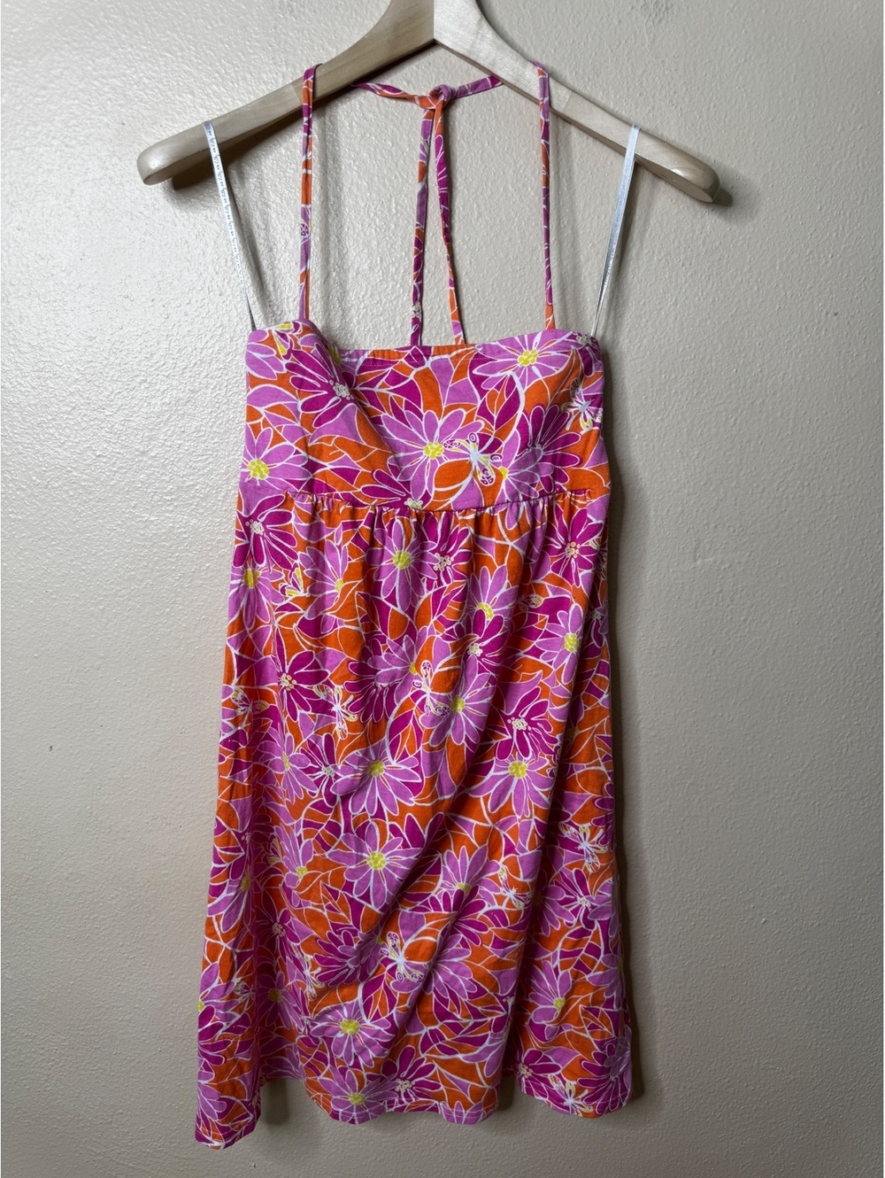 Lilly Pulitzer Womens S Floral Halter Dress Pink Orange 100% Cotton Smocked